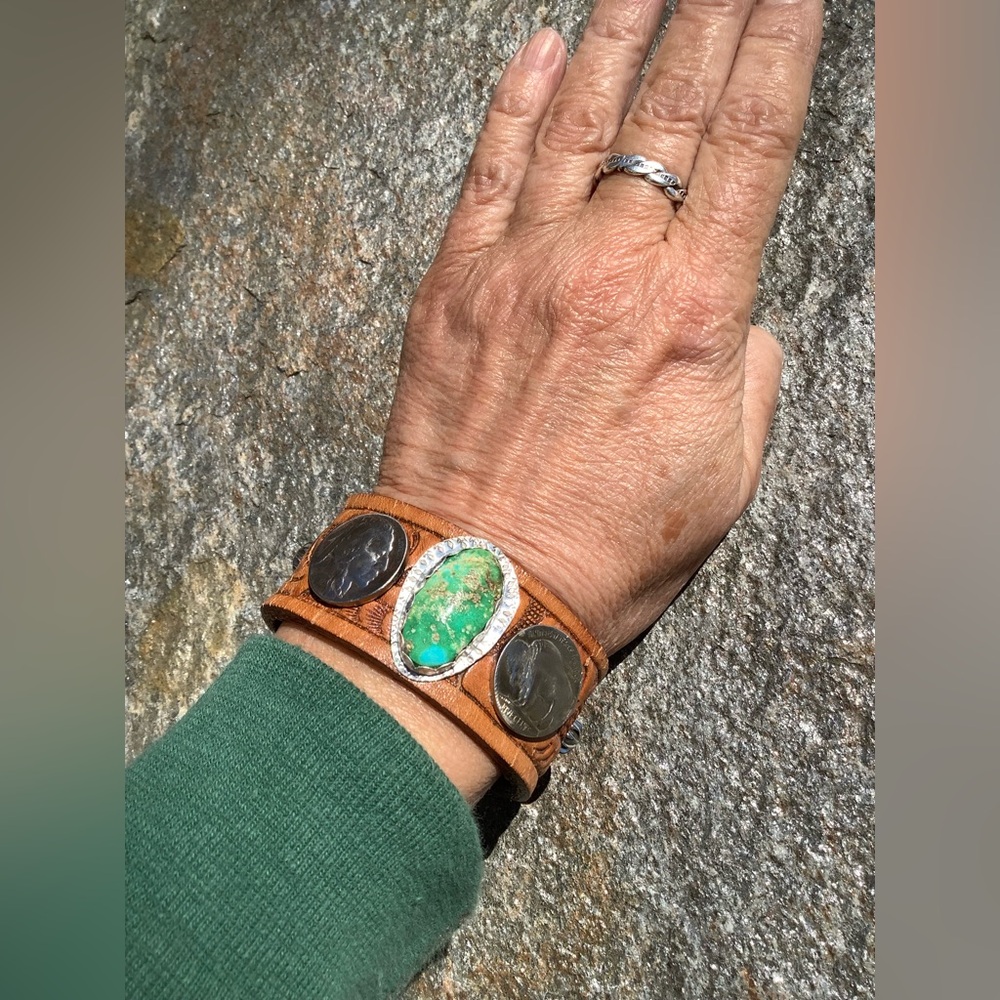 Turquoise & Coin Leather Cuff - adjustable